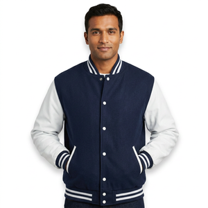 Customized Navy Blue <b>Mens</b> Plain Varsity Casual <b>Jackets</b> <b>White</b> Leather Sleeves Sports Baseball Bomber <b>Jacket</b> Patch - Product Image 1
