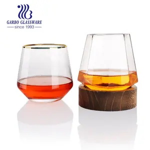 高级14盎司厚基装饰透明饮用玻璃器皿酒杯酒杯带杯口金边威士忌杯