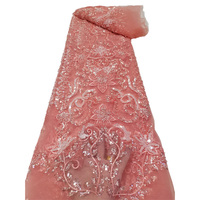 Tissu en dentelle à sequins roses avec élastique, 100% polyester, broderie de perles florales et dentelle guipure pour robes de mariée