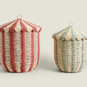 Handwoven Rattan Storage Basket with Lid Woven <b>Organizer</b> Bin Round <b>Paper</b> Cord Hamper for Living Room Kitchen - Product Image 1