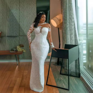 White Satin Beaded Wedding Dress Sweetheart Neckline Long Sleeve Detachable Train Natural Waistline Plus Size Gown - Product Image 2