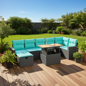 Set Divano da Esterno Moderno in Polyrattan Grigio 8 Pezzi con Cuscini e Tavolo in Acacia - Arredamento da Giardino - Product Image 2
