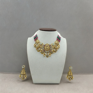 Royal Gold Tone Temple Necklace <b>Set</b> with Multicolor <b>Beaded</b> Strands and Matching Dangle Earrings for Wedding and Festive Wear - Product Image 3