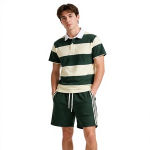 Men's Striped Rugby Polo T-Shirt and Shorts Two Piece Set Embroidered Striped Polo Shirt with Contrast Collar Set - Product Image 1