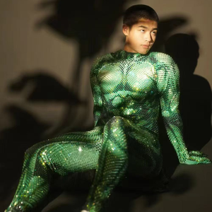 ชุดจั๊มสูทแขนยาวผู้ชายประดับเพชร ชุดเทศกาล ชุดแสดงละครกล้ามเนื้อ ชุดแสดงฮาโลวีน ชุดรอมเปอร์ผู้ชาย ชุดบอดี้สูทผ้าสแปนเด็กซ์ - Product Image 1