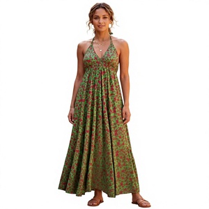 Vestido Maxi Halter con Estampado Floral Verde, Cuello en V, Estilo Boho, Sin Mangas, Corte en A, Holgado, Informal de Otoño, Tejido de Rayón Ecológico con Borlas - Product Image 5