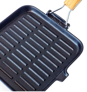 Vuông Gang Bít Tết <span class=keywords><strong>Frying</strong></span> <span class=keywords><strong>Pan</strong></span> với gân thiết kế cổ điển gấp tay cầm bằng gỗ thân thiện với môi vỉ nướng Skillet - Product Image 4