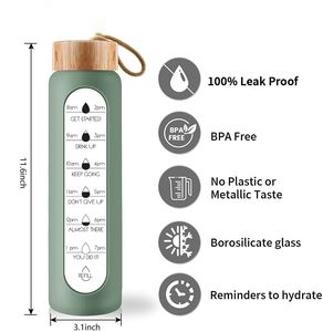Bouteille d'eau saine, faite à la main, sans BPA, en verre borosilicate, à large ouverture, 1L, anti-fuite, avec couvercle en bambou et manchon en silicone - Product Image 4
