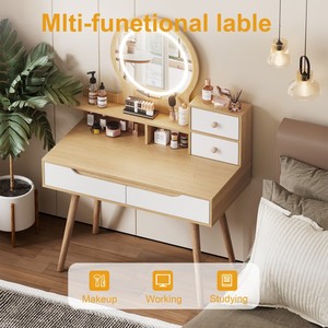 Makeup Vanity Desk 3 Adjustable LED Lighted <b>Mirror</b> Solid Wood Feet Dressing Table Set 4 Drawers 3 Open Shelves <b>Small</b> Space Hotel - Product Image 3