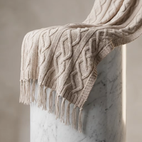 Couverture en tricot torsadé crème avec pompons pour canapé-lit, tissage texturé doux classique pour plaids décoratifs bohèmes avec franges
