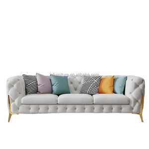 Hotel Lobby Chesterfield <b>Sofa</b> Beige Velvet 3-Seater Button Tufted Couch <b>Gold</b> Metal Legs Commercial Living Room Furniture - Product Image 5