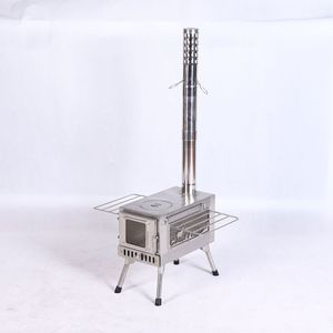 Estufa de camping para exteriores de acero inoxidable con ventana y parrilla, portátil, plegable, para quemar leña, para uso en exteriores. - Product Image 1
