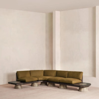 Canapé sectionnel incurvé vert olive moderne avec base en bois, ensemble de meubles de salon design pour villa et maison