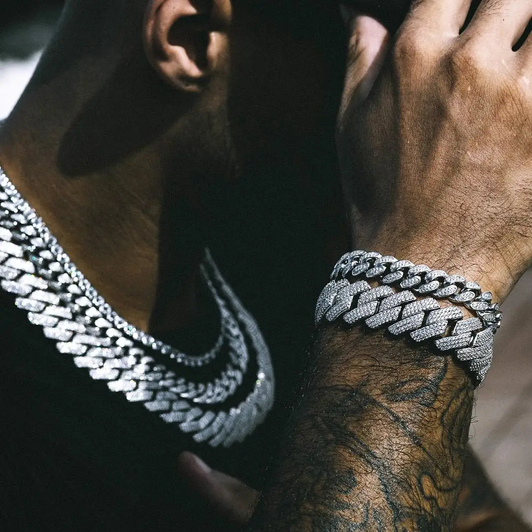 Große schwere Miami kubanische Armband Halskette Set Micro Pave Zirkonia cz 19mm Diamant kubanische Kette Hip Hop Männer Schmuck