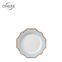 Assiette en porcelaine Ohere céramique, motif tournesol bleu ciel, bord doré, 100 pièces, vente en gros d'usine, écologique et personnalisable