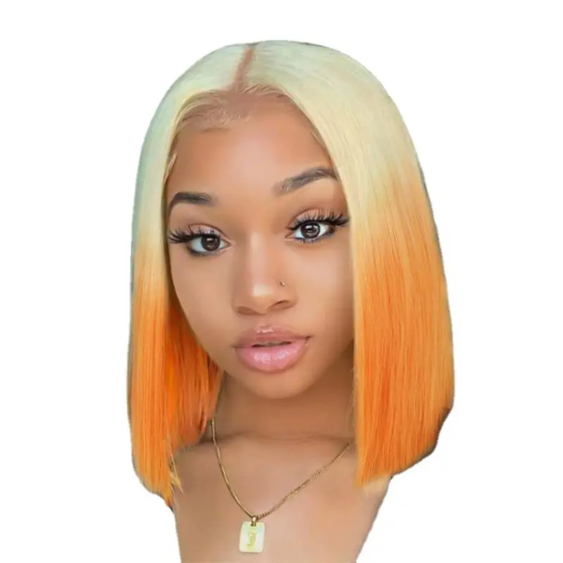 Short Straight Bob Synthetic Lace Wig for Women Ombre Blonde Orange Red Wigs Cosplay Hair Heat Resistant Daily Party Wigs