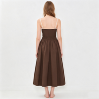 Robe Cami Marron à Col Carré et Buste Froncé, Jupe Midi Plissée Taille Haute Évasée, Tenue Légère pour Temps Chaud
