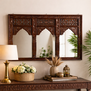 Panel de Espejo de Pared de Madera Tallada a Mano - Marco de Espejo Decorativo Blanco Vintage, Espejo de Pared Arqueado para Sala de Estar y Decoración de Hotel - Product Image 2