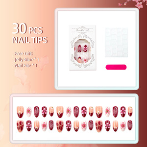 30 Uñas Postizas Cortas en Forma de Almendra, Otoño Invierno, Elegantes, Francesas, Dulces, con Flores 3D y Pedrería, Puntas de Uñas Postizas - Product Image 2