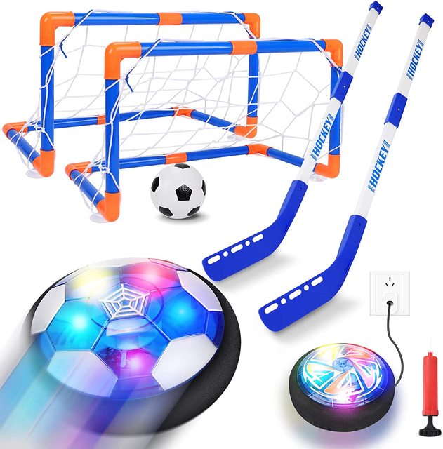 2 in 1 Air Floating Soccer and Hockey Game Set USB Rechargeable Light up Hover Ball Indoor Outdoor Kids Sports Play Toy
