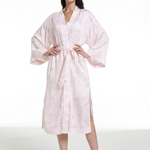 Ladies Summer Cozy Loungewear Bath Robe Custom Pink Floral Cotton Bamboo Bathrobes Women's Robes Femme