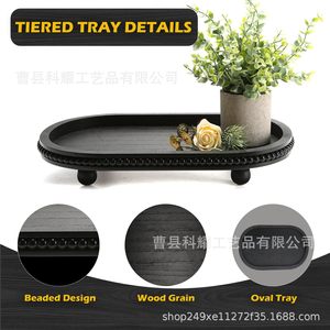 Wooden Beaded Desktop <b>Tray</b> Oval Black Solid Wood <b>Storage</b> Coffee Cup Holder Decorative Plate For Home Office Use - Product Image 2