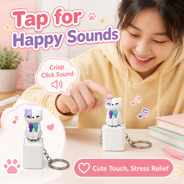 Movidoo Kawaii Cat Mechanical Keyboard Fidget Toy Clicking Sound Squeeze USB Rechargeable Stress Relief Keychain Box Gifts