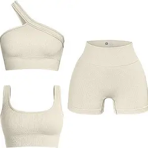 New Arrivals Tracksuits Female Seamless Ribbed Knit Crop Top And Shorts Sportswear Sexy 3 Pieces Shorts Sets Women Clothing