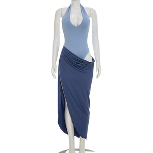 Viviblook D26DS176 Vestido de Verano para Mujer, Nuevo, Color Sólido, Casual, con Bloques de Color, Halter, Abertura Lateral, Maxi, para Fiesta de Noche - Product Image 1