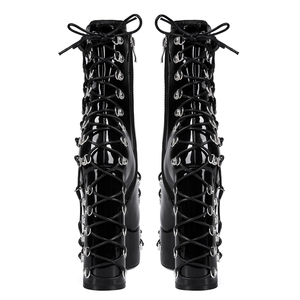 Botines de tacón alto y grueso con plataforma y cordones cruzados de charol para mujer, talla grande 47, con hebillas metálicas y ajuste ancho - Product Image 3