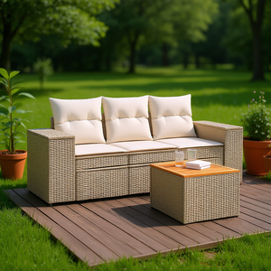 Conjunto de Sofá de Jardín Beige de 3 Plazas, Muebles de Ratán para Exteriores, Resistentes a la Intemperie, Diseño Contemporáneo - Product Image 2