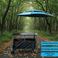 Chariot de camping pliable réglable, capacité de charge 240 kg, imperméable, quatre roues, grande planche de table, parasol 2,2 m, extérieur