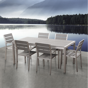 Juego de Mesa y Sillas de Comedor <span class=keywords><strong>para</strong></span> Jardín, <span class=keywords><strong>Patio</strong></span> o Balcón, Modelo Bertha OEM, en Plástico Imitación <span class=keywords><strong>Madera</strong></span> y Aluminio Cepillado, Muebles de Exterior - Product Image 2
