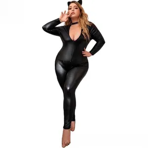 Women Sexy Lingerie Catsuit Leather Ladies Black Latex Zipper Bodysuit Costume Cosplay Uniform
