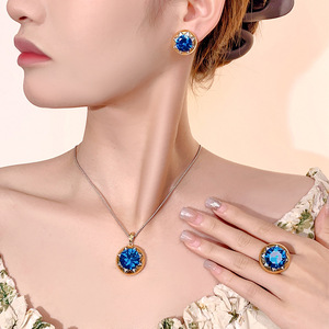 Fashion Eco-friendly <b>Copper</b> Wedding Necklace Sets for Women Jewelry 16-12mm Blue Round Zircon Bridal Pendant Earrings Set - Product Image 2