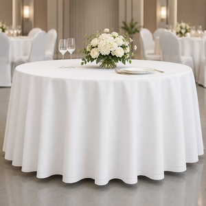 OEKO-TEX Available White <b>Round</b> Polyester <b>Tablecloth</b> Hemmed Edge Hotel Banquet Event Rental - Product Image 1