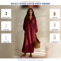 Gaun Maxi A-line Kasual Katun Linen V-neck Kustom dengan Lengan Reguler, Potongan Lantern, Kancing Resin, untuk Musim Panas Wanita