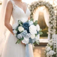 Mousse florale PE pour fleurs artificielles, bouquet de roses avec ruban, bouquets de mariage faits à la main pour la mariée, bleu et blanc