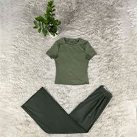 Ensemble de sport pour femmes, manches courtes, col rond, imprimé lettres, polyester et coton, pantalon large à jambes longues, tenue décontractée et confortable