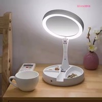 Miroir de bureau blanc pas cher 10X avec lumière, miroir de maquillage LED portable pliable avec rangement, charge USB, miroir cosmétique
