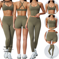 NCLAGEN Ensemble de tenue de Pilates à taille haute, doux et respirant, avec soutien-gorge antichoc à dos croisé et débardeur halter sans manches