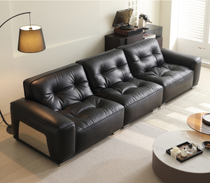 Canapé italien minimaliste en cuir véritable noir - Canapé design "Black Bull" 3 places pour salon - Product Image 2