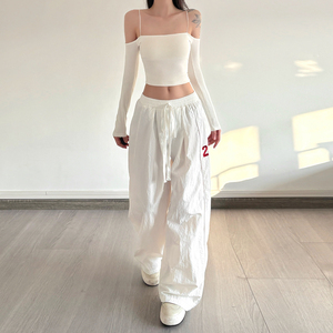 Women's Number Print Drawstring Waist Wide Leg <b>Pants</b>, Oversized Baggy Casual Street Trousers - Product Image 5