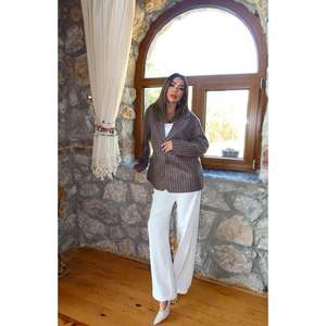 Veste en laine rayée marron pour femme, manteau chaud tissé à manches longues, décontracté, automne - Product Image 4