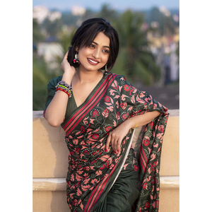 ผ้าไหมโคลัม แคธา พิมพ์ลาย ชุดส่าหรีพุชปา สีเขียวขวด สำหรับชุดค็อกเทล - Product Image 5