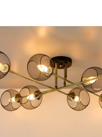 Plafonnier de style industriel moderne avec abat-jour en maille et tiges en laiton, parfait pour le salon, la chambre et la décoration de loft
