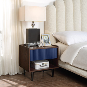 Nightstand In Navy Blue Wood With Ribbed Panel And <b>Open</b> Shelf <b>Storage</b> - Product Image 2