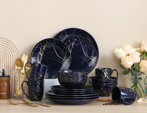 ชุดอาหารค่ำเซรามิกสีน้ำเงินกรมท่าลายหินอ่อนทอง 16 ชิ้น ชุดจาน ชาม แก้วน้ำ สำหรับ 4 ที่ หรูหรา สำหรับครัว โรงแรม ร้านอาหาร งานแต่งงาน ขายส่ง - Product Image 4