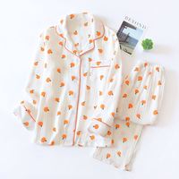 Ensemble de pyjama en coton tricoté crêpe pour femmes, long, à porter à l'extérieur, avec un petit imprimé orange, style décontracté sexy pour la maison
