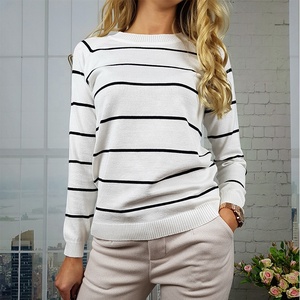 Fabricants de tricots sur mesure, nouvelle collection automne-hiver, col rond, manches longues, <span class=keywords><strong>pull</strong></span> en laine marine <span class=keywords><strong>rayé</strong></span> noir et blanc pour femmes - Product Image 1